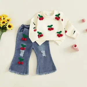 Toddler Baby Little Girl Outfits Cherry Long Sleeve Pullover + Elastic Waist Ripped Denim Flare Pants Spring Set 6M-7Y