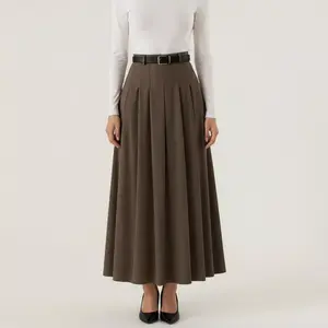 Anna-Kaci Women's High Waist Pleated Maxi Skirt with Structured A-Line Silhouette - Large, Coffee
