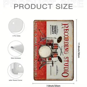 1pc Vintage Drum Set Design Metal Sign for Recording Studio - Durable Iron Wall Decor with Pre-Drilled Holes, Easy to Hang, Waterproof and Dustproof, Ideal for Office, Cafe, and Party Decoration