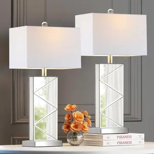 3-Color Temperature Mirrored Bedside Table Lamps Set of 2 for Living Room,Tall Silver Bling Modern Nightstands Lamps for Bedroom with 2 Bulbs,Full Mirror Cutting Design with White Fabric Shade