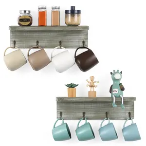 2-Piece Coffee Mug Holder Wall Mount Wood Cup Rack with Hooks and Storage Shelf Industrial Mug Rack Organizer Hanger Display for Kitchen Cafe, Olive Green