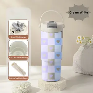 PIKPAKA Pastel Pink & Mint Green Checkered Heart Vacuum Flasks 700ml Ceramic Lined Tumbler with Tea Infuser & Hidden Straw, Vacuum Insulated Travel Mug with Handle, Long Cold Retention Water Bottle, Holiday Gift for Christmas, Birthday & Mother's Day