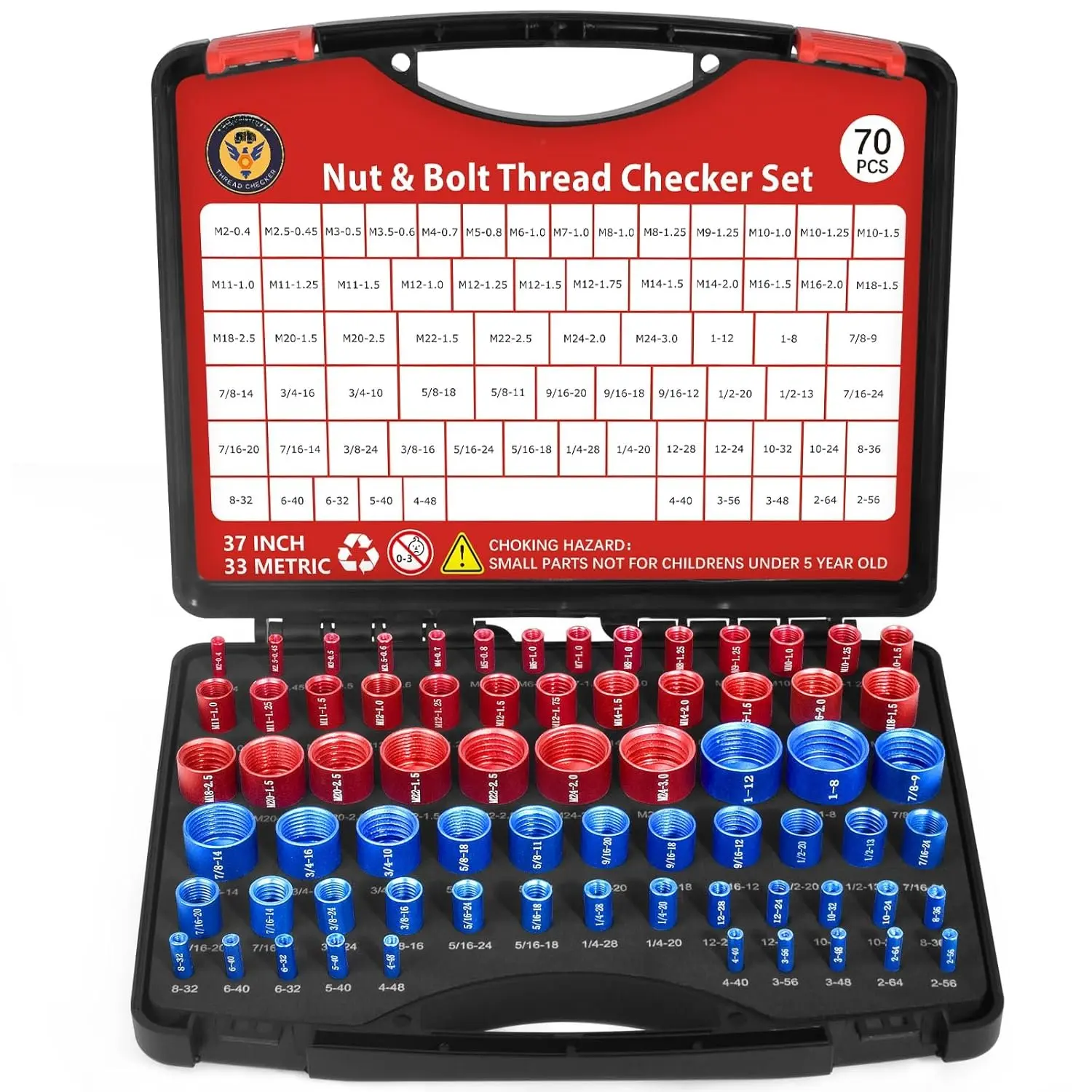 70 count Thread Checker Nut and Bolt Thread Checker Set with 37 Inch and 33 Metric Box Set Thread Gauge SAE and Metric Sizes  for Tight Spaces Ideal for Bolt and Nut Size Checking