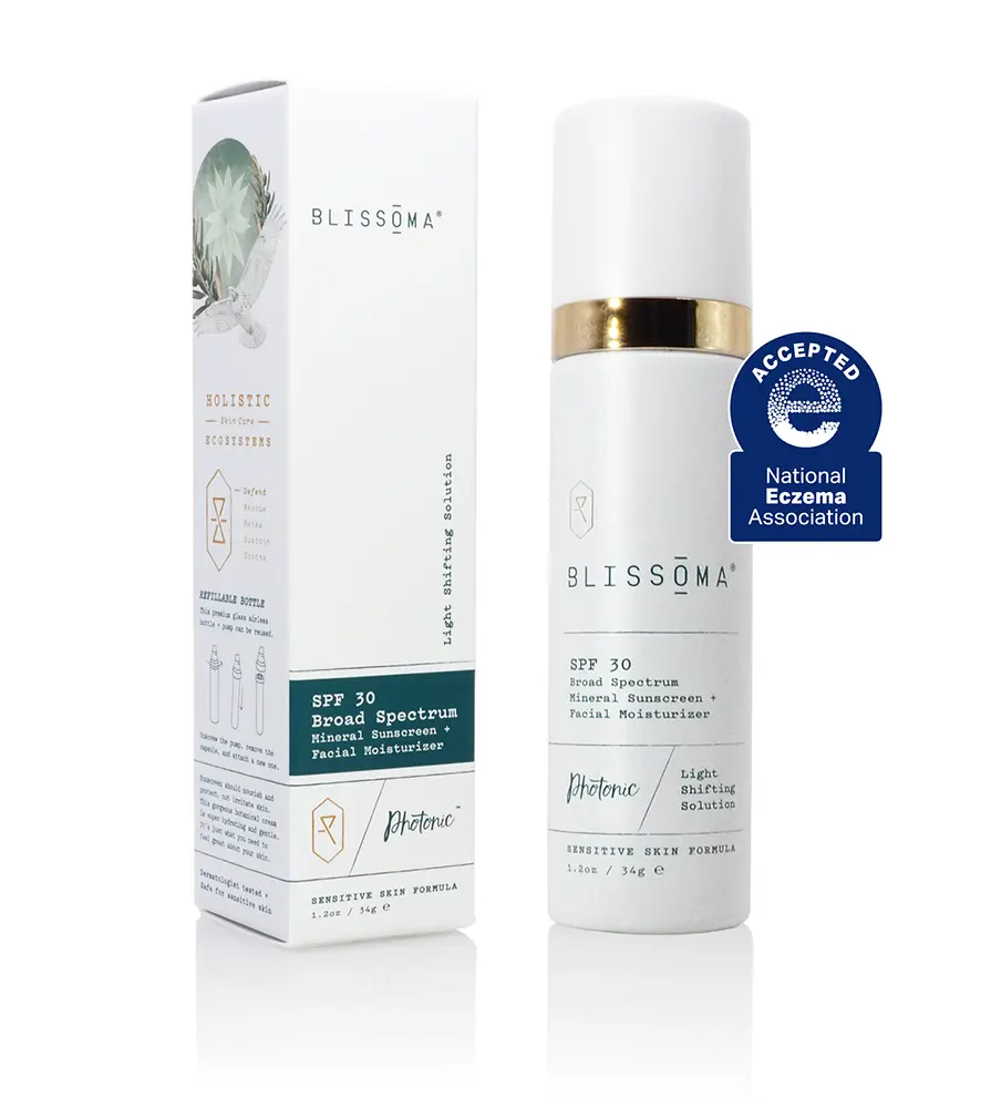 Blissoma Photonic SPF 30 Light Shifting Solution Broad Spectrum Soothing Mineral Facial Sunscreen + Moisturizer to protect sensitive skin, and skin prone to acne, rosacea, and eczema