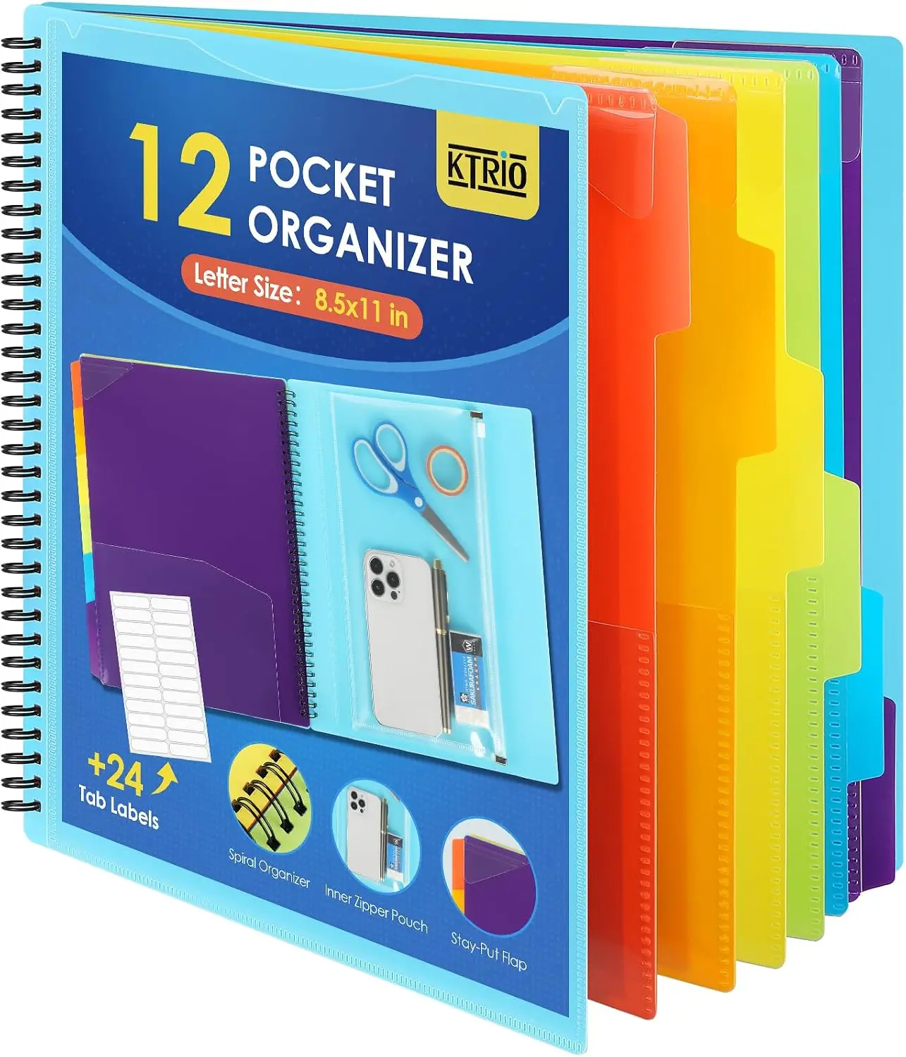 KTRIO 12-Pocket Polypropylene Document Binder, Letter Size Spiral Binder Pockets, Blue Storage Organizer with Replaceable Tabs