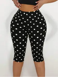 American Retro Polka Dot High-Waisted Tight Seven-Quarter Pants, Elastic Slim Fit Cycling Yoga Pants, Summer Sporty Style