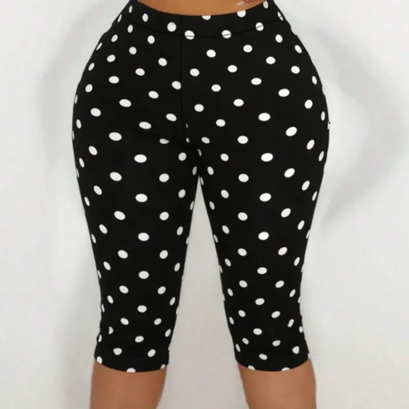 American Retro Polka Dot Pattern High-Waisted Tight Seven-Quarter Pants, Elastic Slim Fit Cycling Yoga Pants, Summer Sporty Style