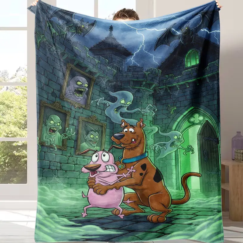 Scooby Doo And Courage The Cowardly Dog Spooky Haunted Castle Halloween Ghost Vampire Monster Lightning Horror Cartoon Fleece Throw Blanket, Oversized Cozy Blanket For Kids Bedroom Couch, Spooky Holiday Gift For 90s Cartoon Nostalgia Fans Adults Teens