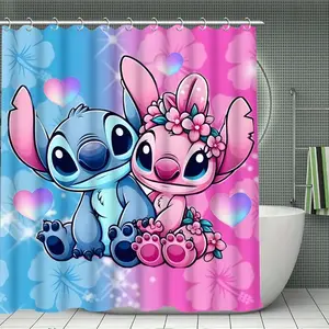 DISNEY CLASSIC Stitch & Angel Shower Curtain, Waterproof Polyester with 12 Hooks, Floral & Heart - themed Bathroom Decor for Fans