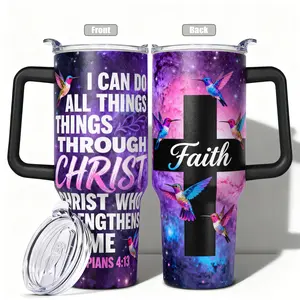 1pc, 40oz/30oz/20oz/14oz Stainless Steel Cup Hummingbird Faith Cross Themed Double Wall Vacuum Insulated Cup, Leakproof Lid & Carry Handle Travel Mug for Outdoor Camping Hiking, Gift for Dad, Mo, Insulated Travel Drinkware, Insulated Water Bottle