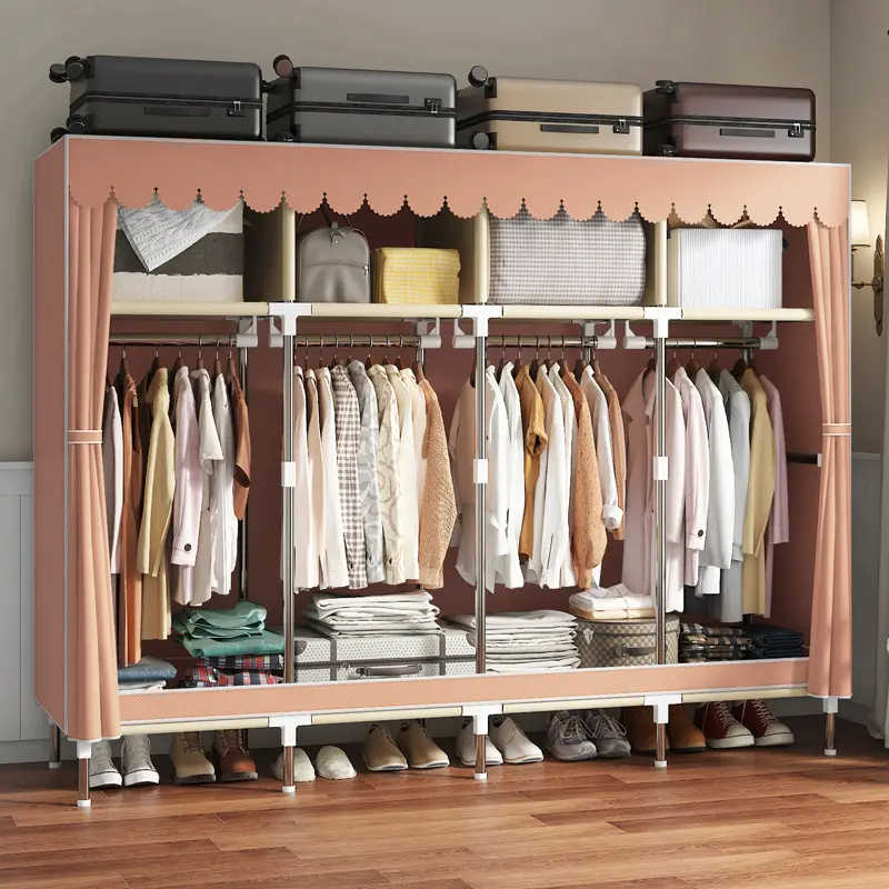 LEAIJIAFY Storage Unit Wardrobe with Four Hanging & Four Foldable Areas Durable Closet for Bedroom Rental Dormitory Pink Design
