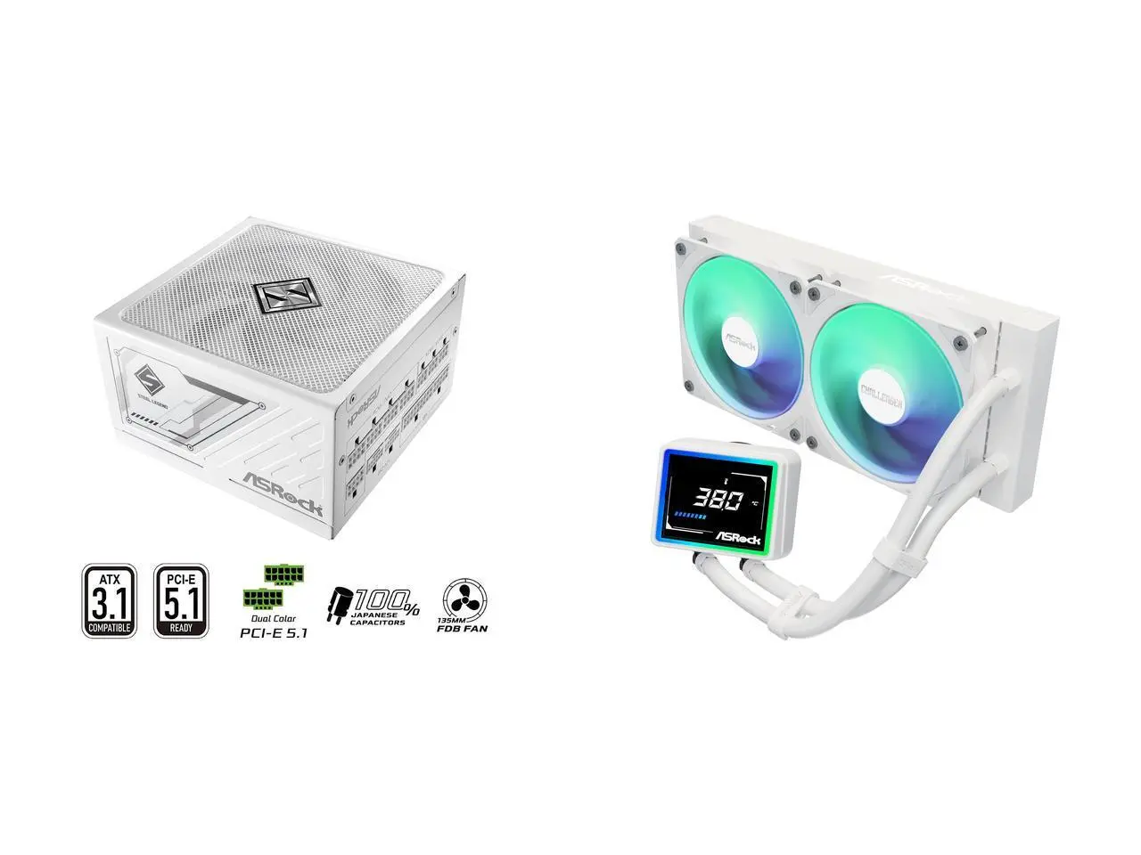ASRock SL-1200GW Gold 1200W Full Modular Power Supply ASRock AIO Challenger White 240 Digital 27mm radiator, 3" Digital Display w/ ARGB, ARGB Hub-lighting fan, white version