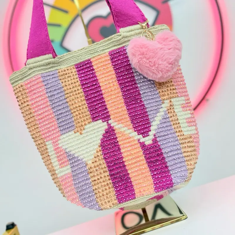 Medium Handmade Beaded Tote Bag with Rhinestones – Colorful Striped Statement Handbag with Heart Charm