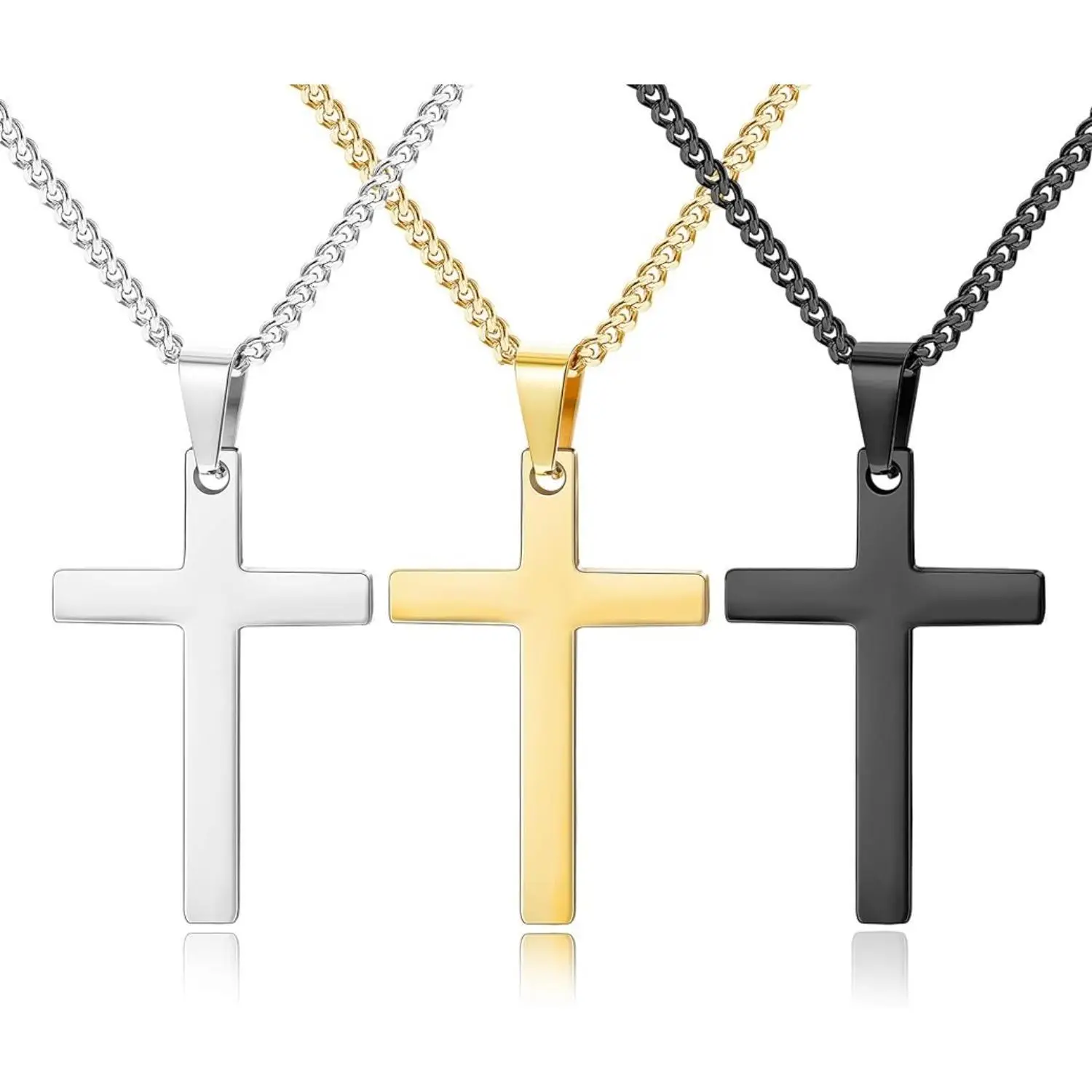 FLORIDECO 3 Pcs Stainless Steel Simple Cross Necklace Jewelry Set Gifts Silver Black Tone Cross Pendant Necklaces for Men Women Daily