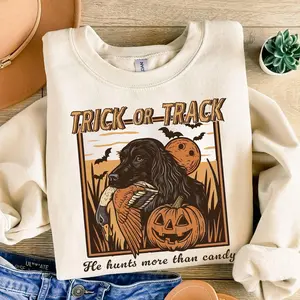 Trick or Track He Hunts More Than Candy Halloween Unisex Sweatshirt, Hunting Black Labrador Spooky Season Shirt, Rustic Halloween Gifts for Outdoor Lovers
