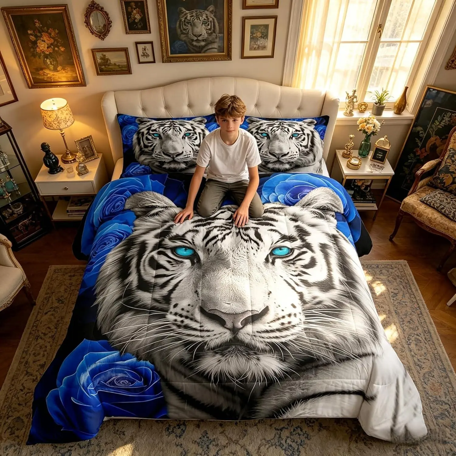White Tiger Comforter Set,Blue Flowers Romantic Rose Floral Bedding Set Bedroom,3D Wild Animal Africa Style Quilted Duvet Set