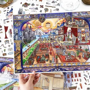 God Office Hut Series Pet Card 2.5D Large Scenery Sticker Set, 4 Sheets Per Pack, Includes Free Tweezers, DIY Supplies, Stickers Kit