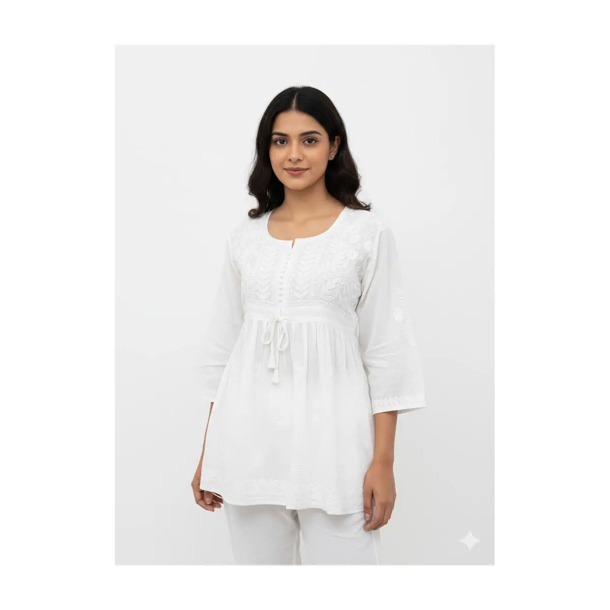 #Top-77 White Embroidered Cotton Tunic Top – 3/4 Sleeve – Boho/Chikankari Style
