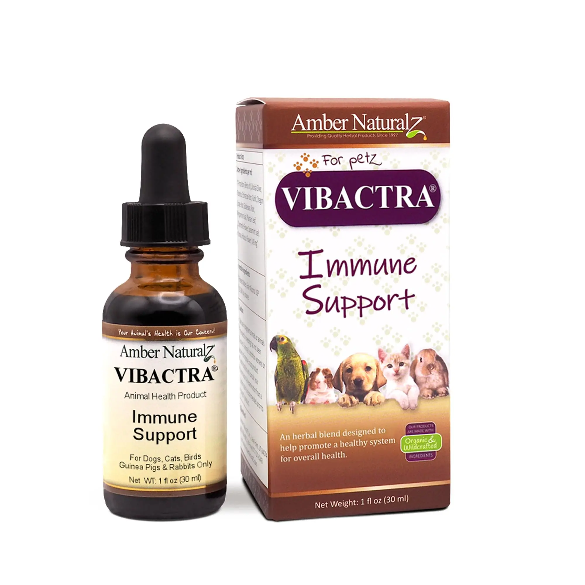 Amber NaturalZ Vibactra Quality Control Herbal Immune Support Supplement with Olive Leaf, Mustard Seed, Clove for Dogs, Small Animals (Cats, Birds, Guinea Pigs, Rabbits) to Boost Immune System, Glass Bottle, Black Seed