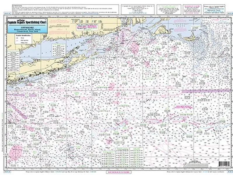 CaptainSegullFishingChart, Offshore Canyons MA, CT, RI, & NY, OF10, Double sided laminated chart showing fishing areas in the North Atlantic, 19" x 26"