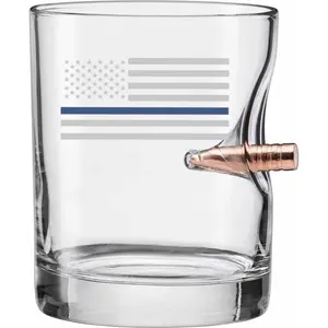Thin Blue Line Bullet Rocks Glass with bullet