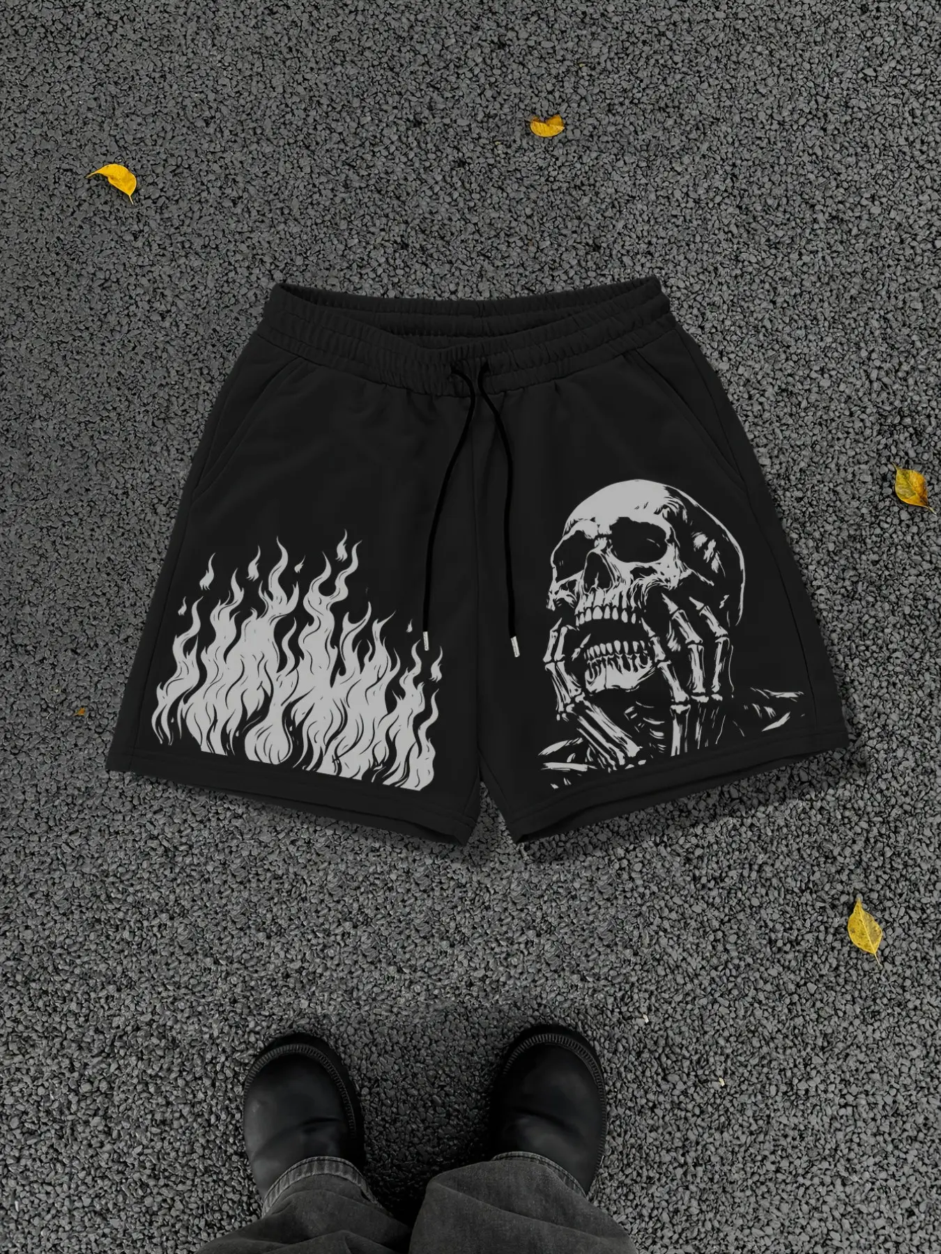 Men's Skull & Flame Geometric Print Casual Shorts, Dark Grunge Streetwear Graphic Athletic Shorts