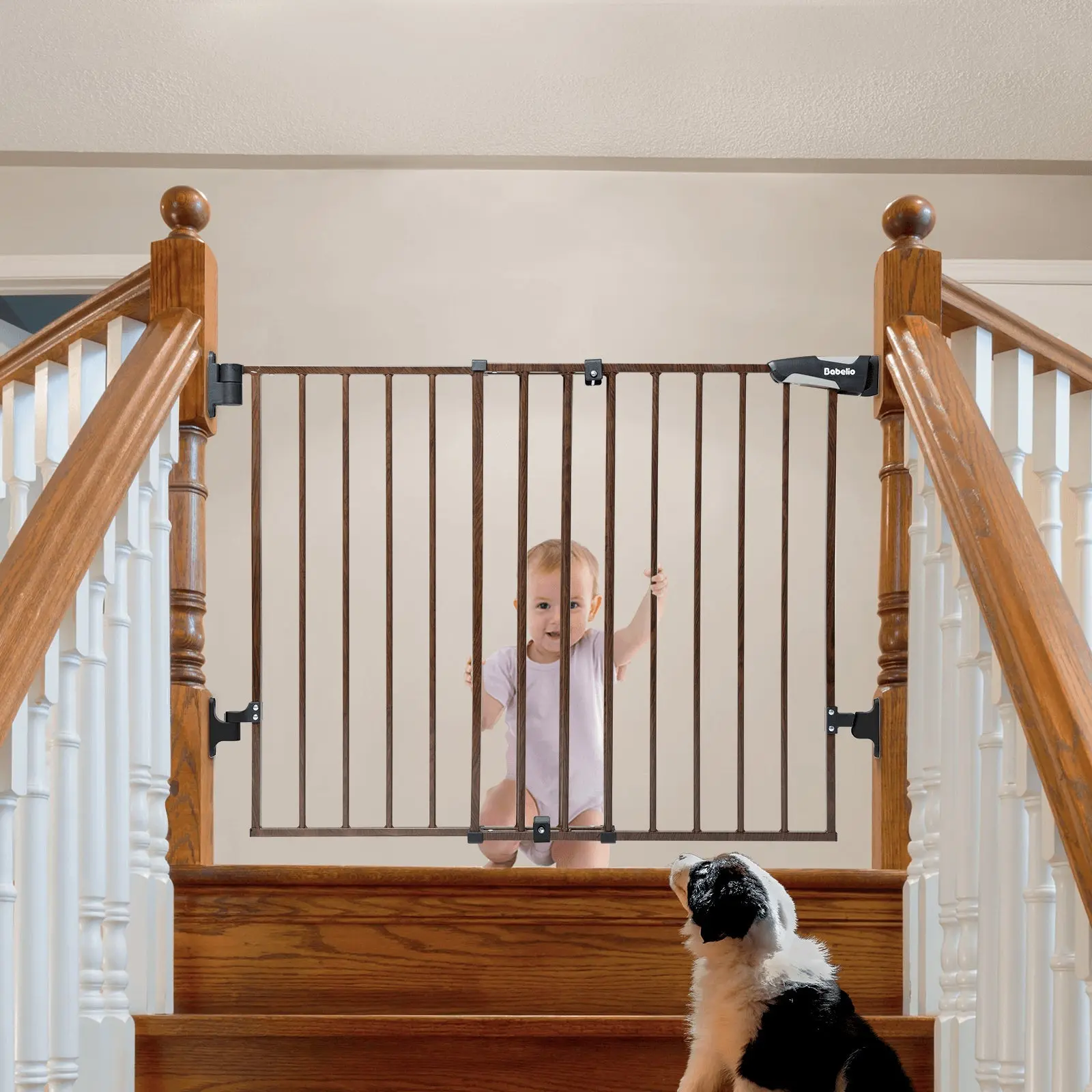 BABELIO B17 Wood Grain Steel Baby Safety Gate for Nursery & Stairs, Hardware-Mounted, Trip-Free (No Bottom Bar), Auto-Close, Adjustable 28"-34" Tall