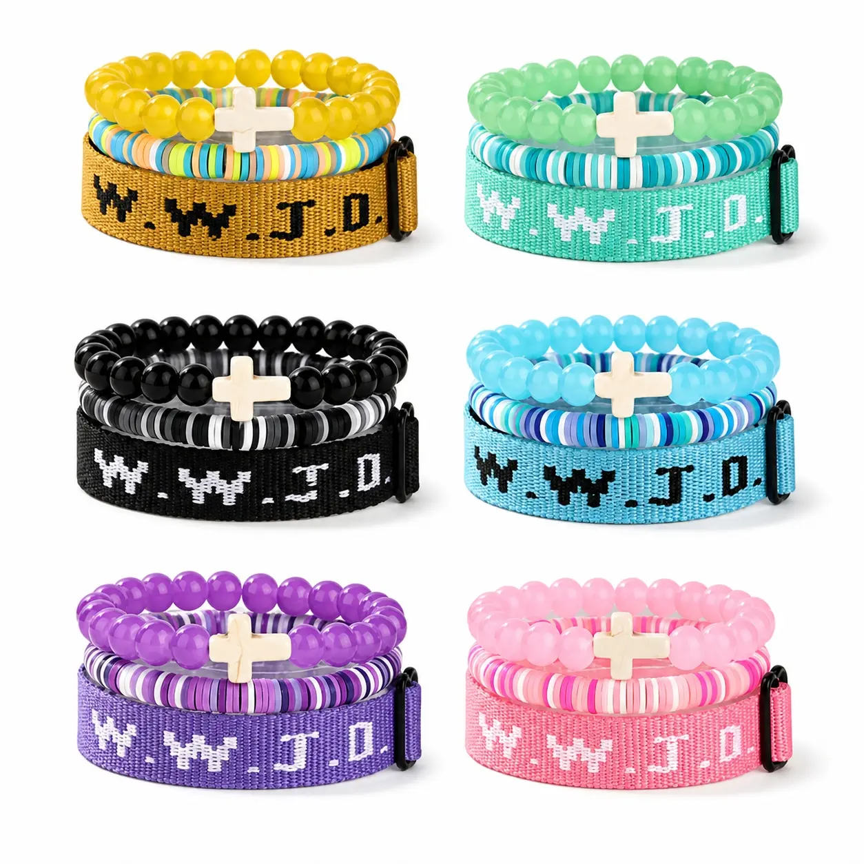 Cute Pastel Beaded Bracelet Trio, Fashionable Cross Charm Decor Beaded Bracelet for Women & Men,  Stackable Bracelets Adjustable  Christian Gift for Teens & Friends