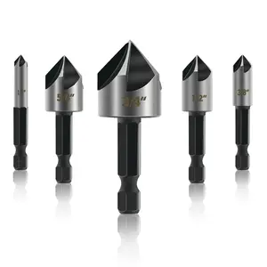 5 count Countersink Drill Bit Set, High Speed Steel Countersink Bits, 82 Degree 5 Flute Pieces, 1/4 Inch Hex Shank, Fit for Sink Holes into Metals, , Plywood, Plastic