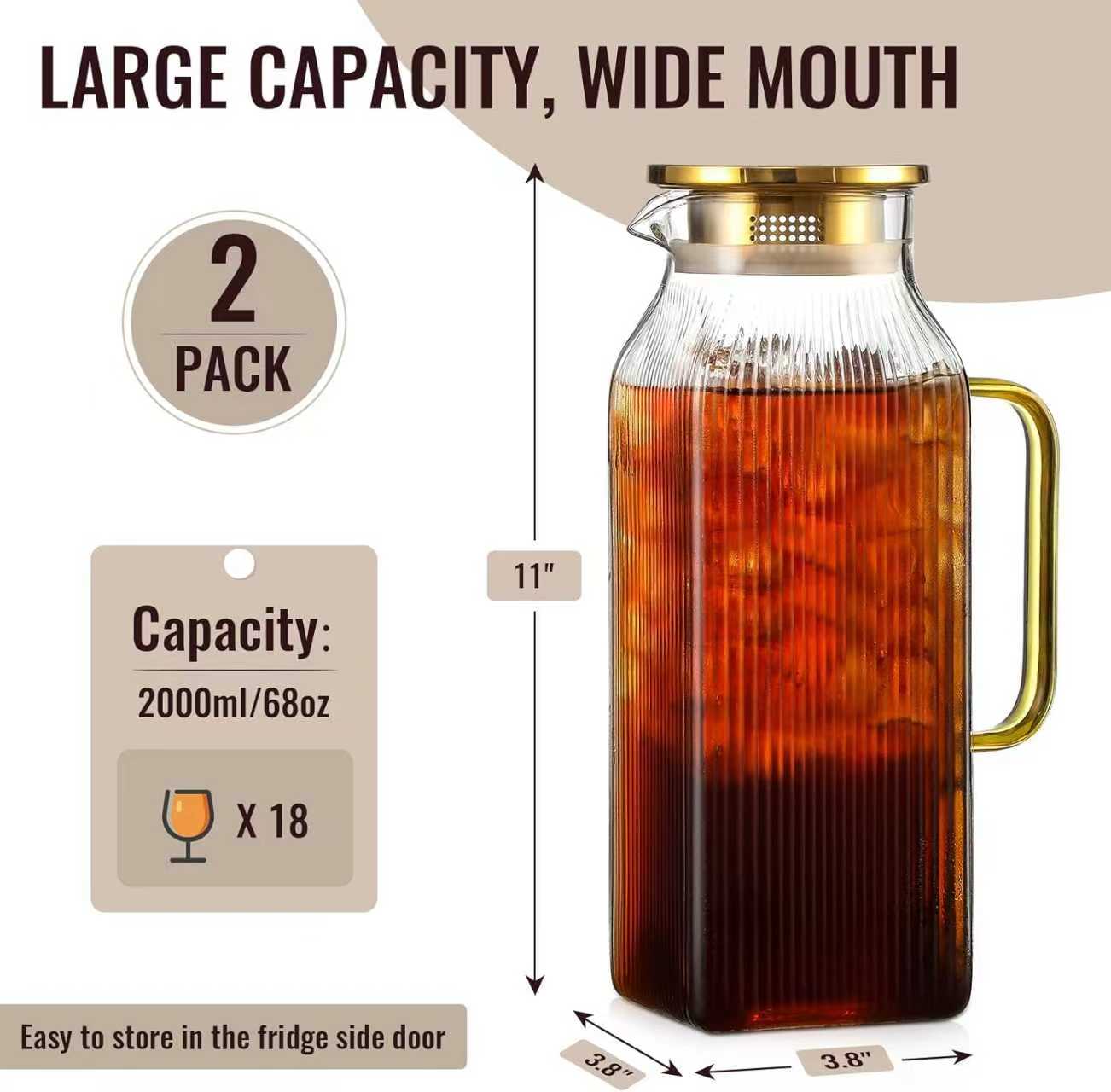 2-Pack Classic Stripes 68oz (2-Liter) Square Borosilicate Glass Pitcher Set, Silver Lids & Handles, Fridge-Safe Jugs for Hot/Cold Brew Drinks, Iced Tea