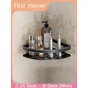 1pc Black Free Punching Space Aluminum Bath Shelf, Toilet Washroom Bathroom Storage Rack, Wall Mount Shower Room Organizer