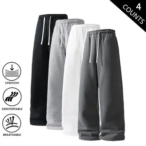 4-Pack Men’s Casual Sweatpants, Elastic Waist Drawstring Wide-Leg Sweatpants, Stretchable, Comfortable & Breathable Athletic Pants for Streetwear, Loungewear & Everyday Wear
