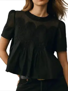 Women's Fashion Embroidered Lace Top, Round Neck Pure Color Loose Hem, Sweet Youthful Short Sleeve Shirt, Perfect for Daily Wear