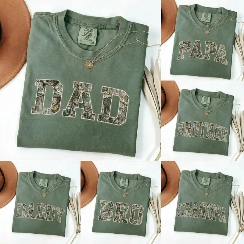 Comfort Colors Custom Moss Dad Shirt, Camo Hunting Dad Graphic Tee, Personalized Family Name T-Shirt, Vintage Varsity Father Shirt, Father’s Day Gift