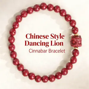 Pup CZ Trendy Fashionable Accessories Chinese Ethnic-Style Stack Bangle with Cinnabar Lion Dance Motif, Lucky Charms, Energy Beads, Unisex Family Gift Costume Jewelry