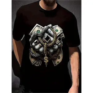 Men's Black Dollar Bill & Money Chains Graphic T-Shirt Fitted Short Sleeve Crew Neck Casual Streetwear for Urban Fashion All-Season Comfortable Wear Menswear Tshirt