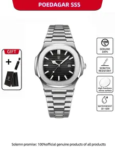 POEDAGAR Fashion Leisure Clock Luxury Watch Waterproof Night Light Date Display Quartz Watch Square Dial Stainless Steel Business Design Daily Wear