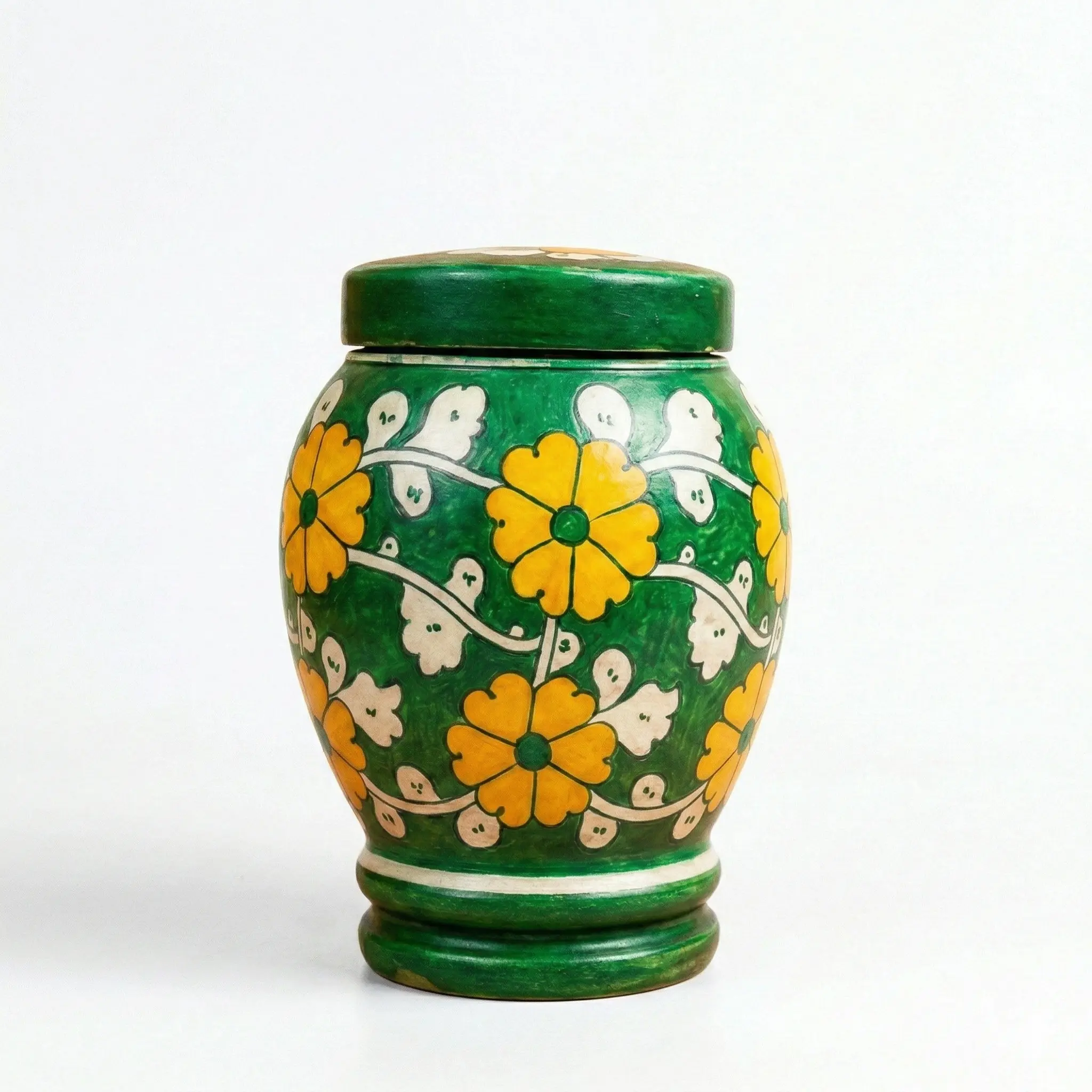 Green Floral Lidded Vase | Handmade Pottery Jar for Shelf & Mantel Décor