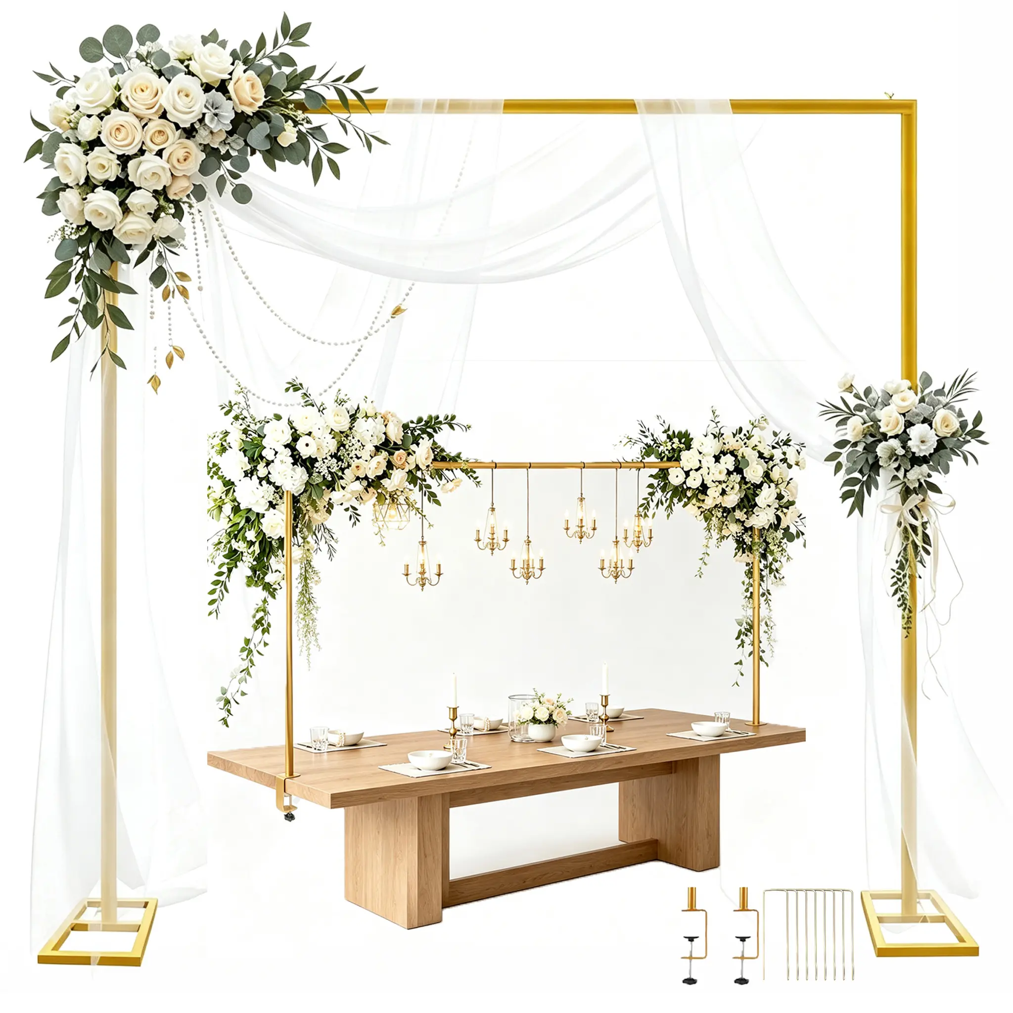 8 ft square adjustable wedding arch backdrop stand, heavy-duty gold metal balloon arch stand with garden trellis design, plus table rod stand for party decoration