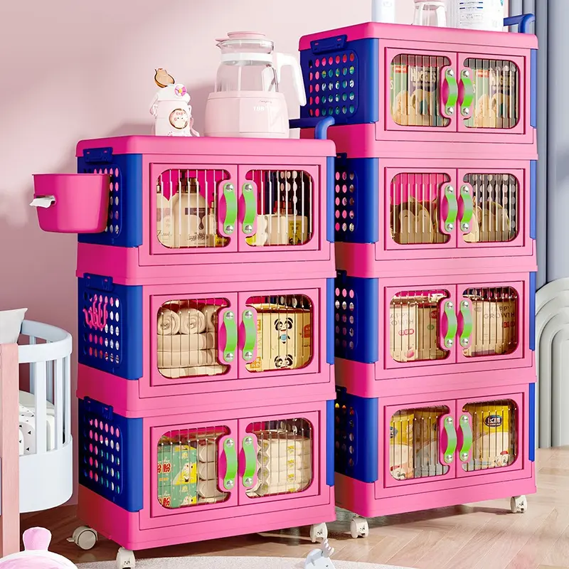 4-Tier Foldable Storage Cabinet, Easy Assembly Plastic Storage Organizer with Wheels & Side Hooks, Dustproof Door Storage Chest for Toys, Clothes, Bedroom & Playroom