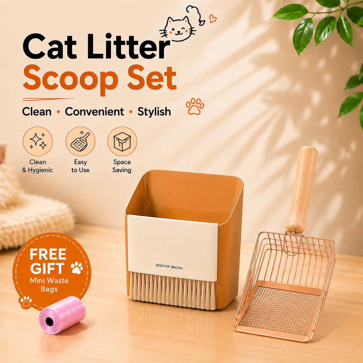 CATMUSE Rose Gold Litter Box Scooper Set - Easy to Use Fine Mesh Grid Metal Fast Sifting Scoop with Wooden Handle, Compact Storage Base, Bonus Mini Waste Bags, Double Layer Waste Separation Kit for Daily Cat Litter Maintenance