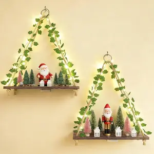 Artificial LED Strip Floating Shelves Set of 2 Macrame Hanging Shelves Plant Wall Decor Rustic Boho Wood Wall Storage Shelves for Bedroom Living Room Bathroom Decor Dark Brown