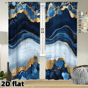 2D Flat 2Pcs Abstract Marble Pattern Curtains Gold Blue Wave Design Rod Pocket Panels Semi Transparent Polyester Modern Art Window Treatment for Living Room Bedroom Kitchen Office Home Decor Premium Quality Dressing