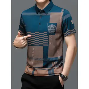 Summer Collection: Men's Casual Plaid & English Motif Short Sleeve Shirt - Lightweight Knit Fabric with Button Detail, Machine Washable