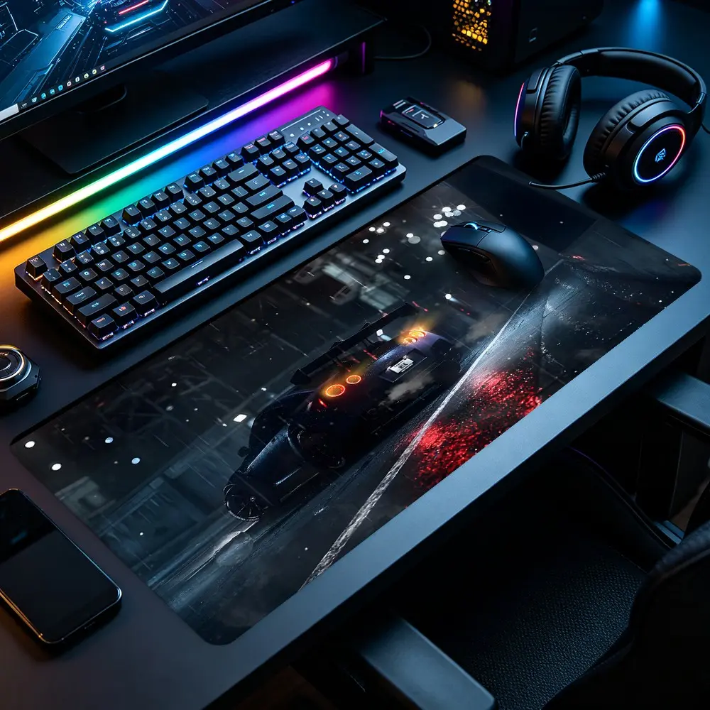 Cyberpunk Night Racing Sports Car in Rainy City Large Gaming Mouse Pad, Extended XXL Desk Mat with Stitched Edge & Non-Slip Rubber Base, Ideal for Gamers, Car Enthusiasts and Synthwave Fans, Perfect for Gaming Rooms, Home Offices & Bedroom Desks