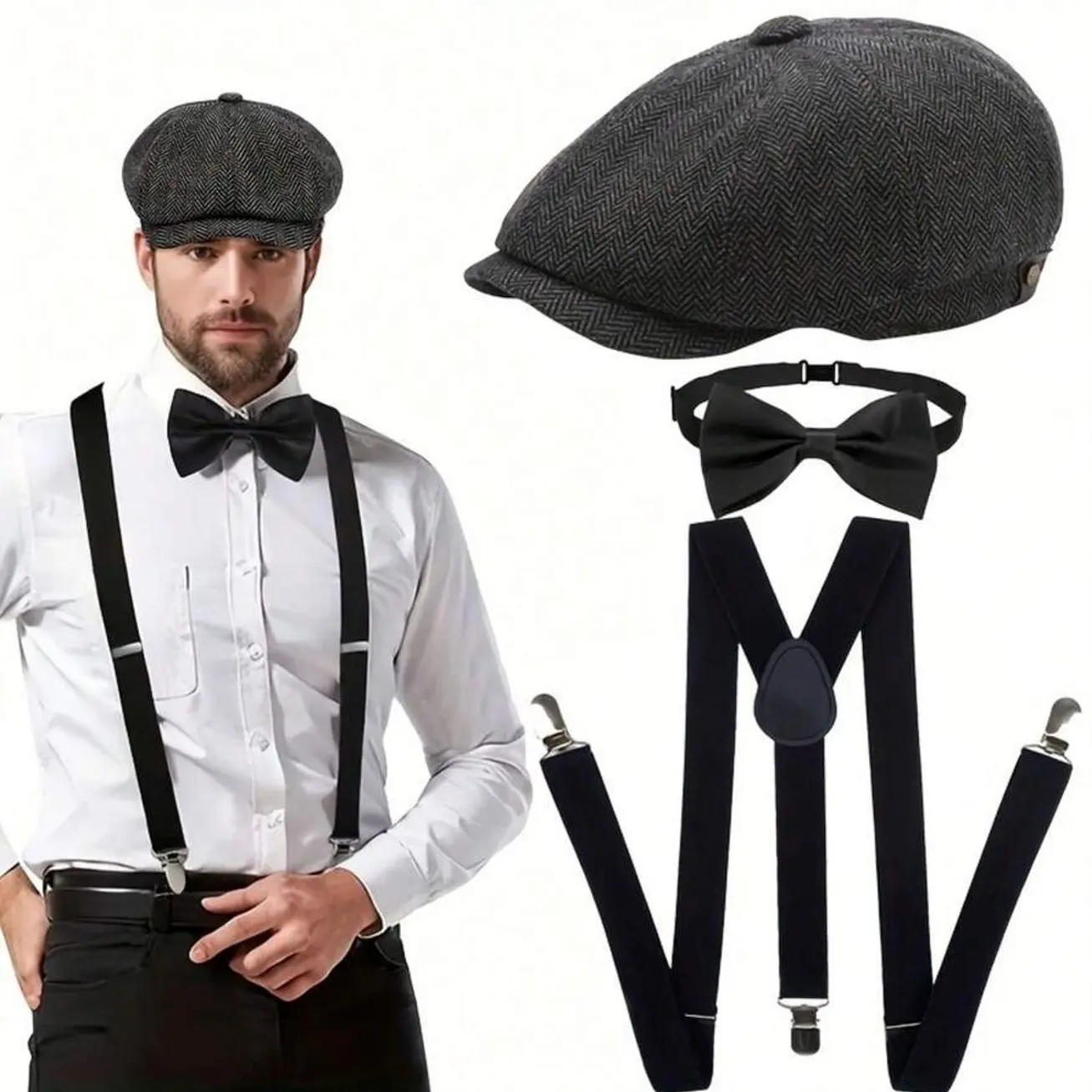 3pcs Roaring Twenties Complete Costume Suit | News Boy Hat, Bow Tie, Adjustable Suspenders - Elegant 1920S Gatsby Clothing For Men And Women Perfect For Bar Parties, Weddings, Vintage Events, Themed Party Wear, Wedding Guest Attire