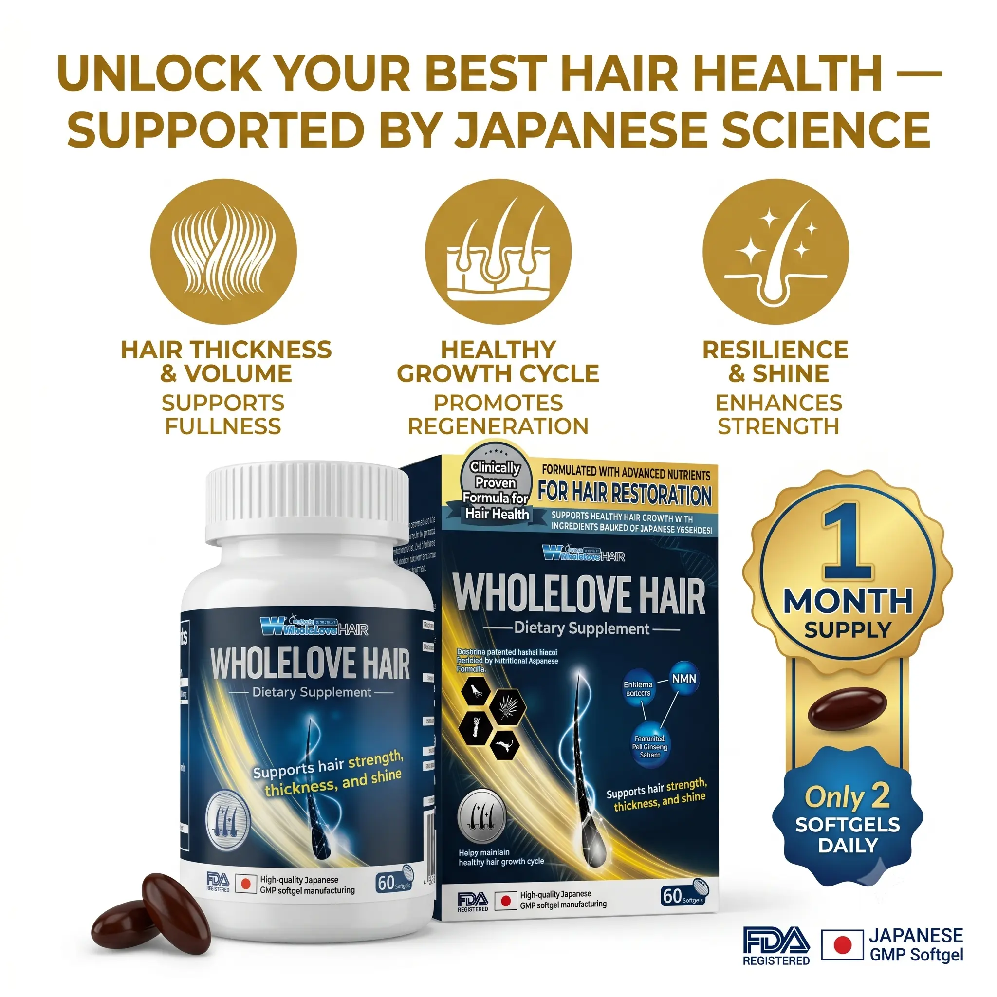 Wholelove Hair Loss Treatment Softgels - High-Absorption Saw Palmetto Oil & NMN Blend, Sugar-Free Hair Density Vitamins, Stop Hair Fall & Support Thicker Hair, 1 Month Supply