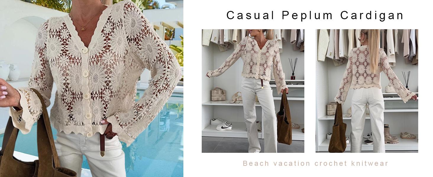 utcoco Womens Beach Vacation Crochet Knit Crop Cover Up Swimwear Sexy Hollow Out Long Sleeve Button Down Shirt Tops SpringStatements