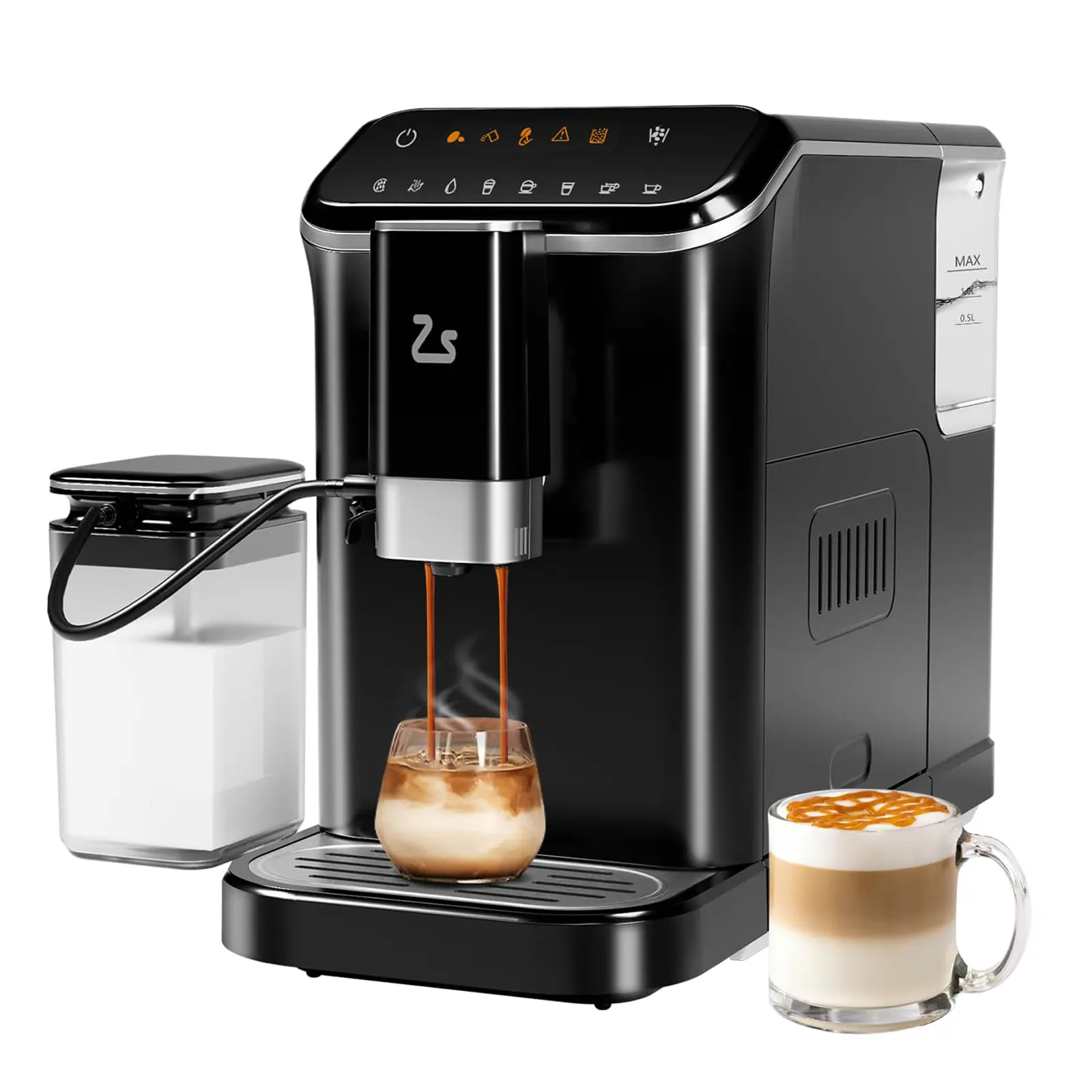 Fully Automatic Espresso Machine with Built-In Grinder and Milk Frother, Touchscreen Control, 20 Bar Pressure,1.5L Detachable Water Tank, Latte Maker