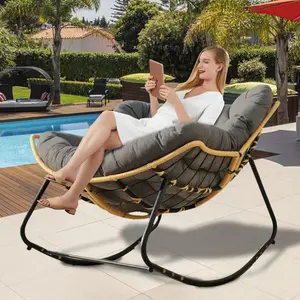 Indoor Outdoor Rocking Papasan Chair with Cushion, Comfy Oversized Patio Padded Rockers, All Weather Double Wicker Egg Gliders, 450Lbs Wide Sturdy Recliner Lounge Loveseat
